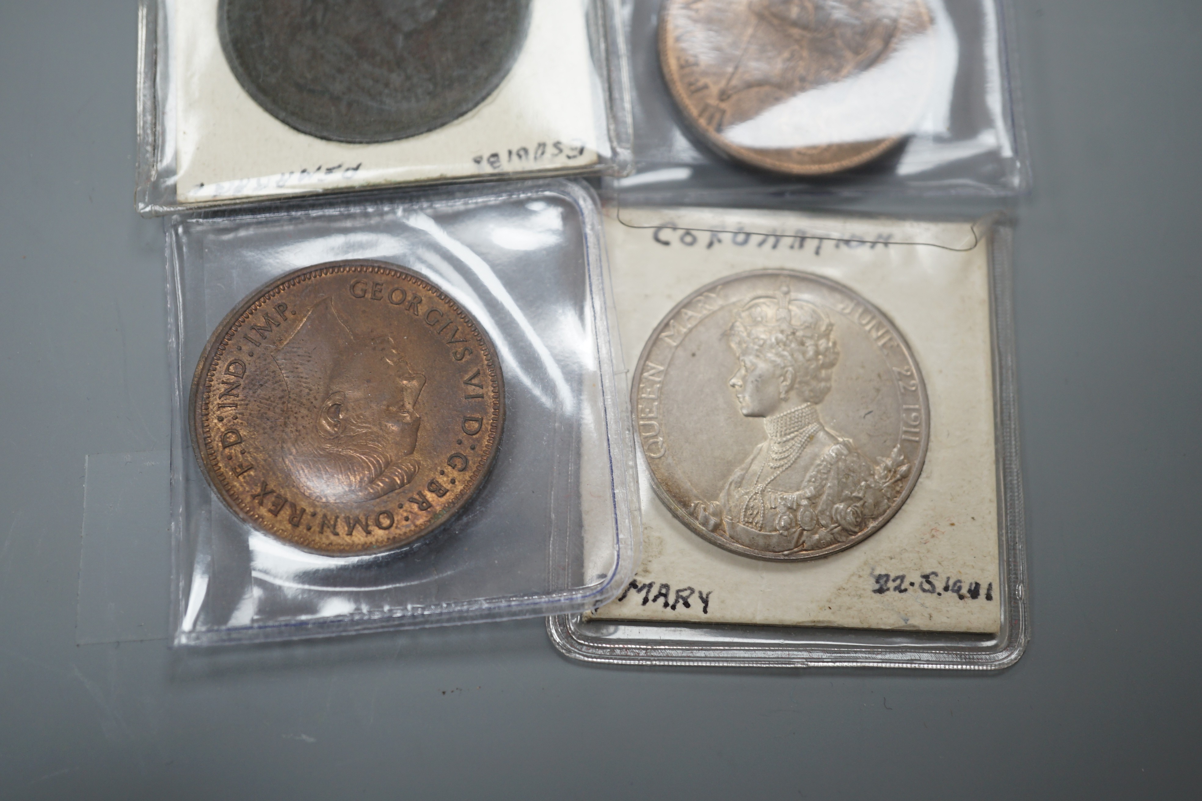 Two silver coronation medals: Edward VII and Queen Alexandria and George V and Queen Mary, both EF, and a George III copper One silver oken, six one pennies, a Kennedy 1964 half dollar and other Chinese coins